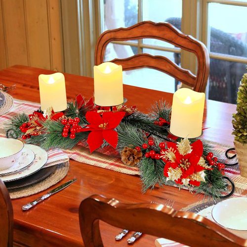 FORUP 26 Inch Christmas Centerpiece - Elegant Candle Holders with 3 Flameless Candles | Festive Table Decor
