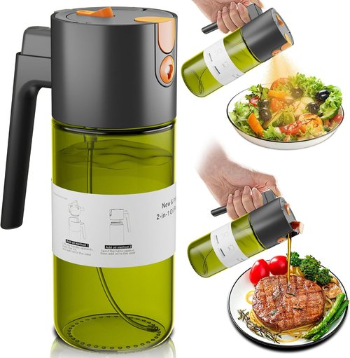 LAKUMIQI Oil Sprayer - 2 in 1 Cooking Dispenser with 17oz Light-Blocking Glass Bottle & Stickers
