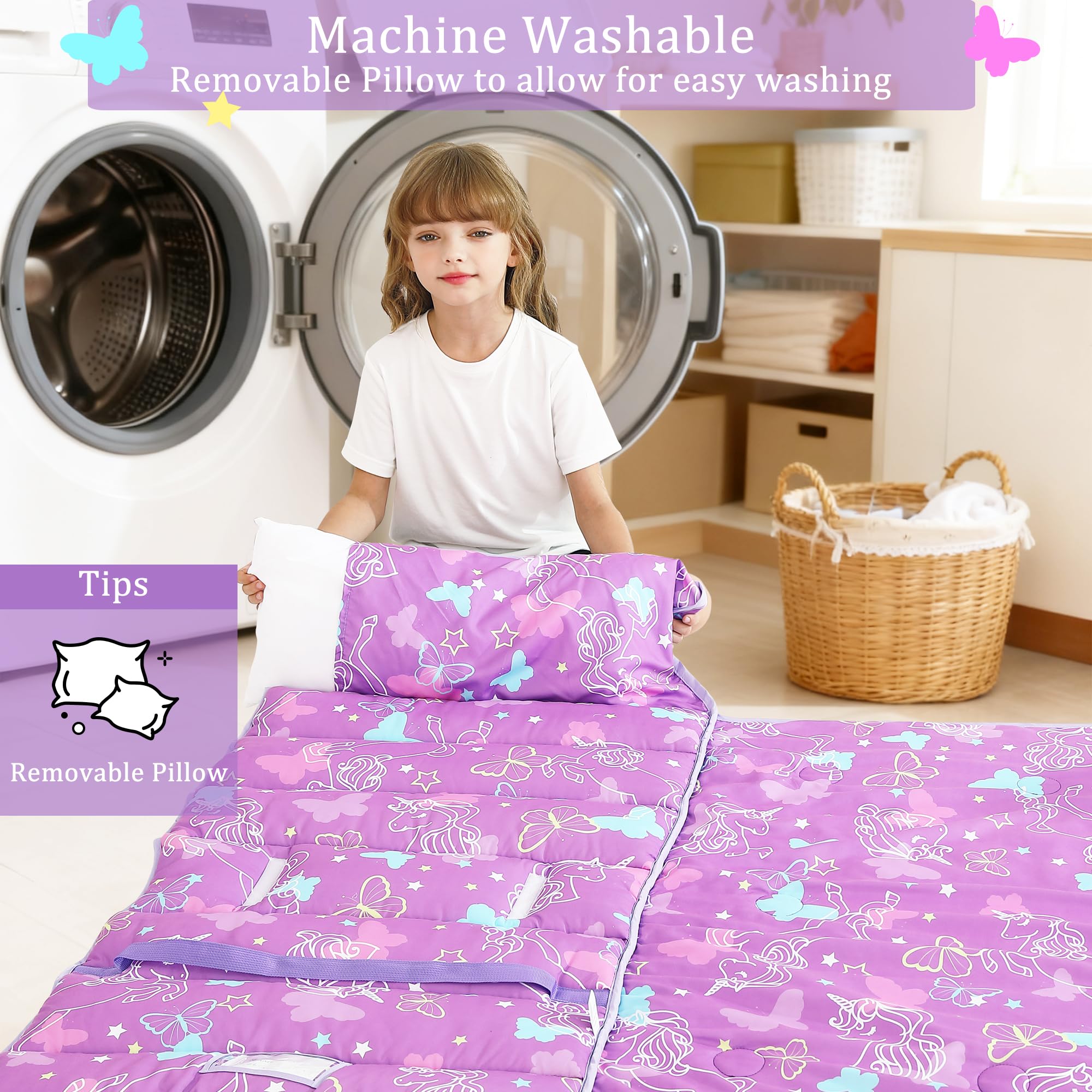 Toddler Nap Mat for Preschool 50''x30'' Sleeping Mat with Removable Pillow and Minky Blanket for Kids Ages 3-7 Roll Up Soft Sleeping Bag for Boys Girls Kindergarten Daycare Sleepover - Purple Unicorn