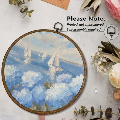 **Qskjre Coastal Hydrangea Sailboat Wall Art - Nautical Blue Floral Canvas Decor | 10x10 Inch Framed Print**
