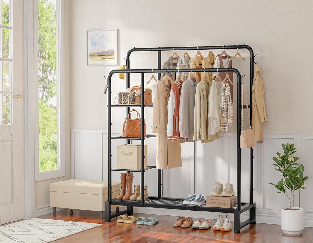 Skiennix Double Rods Clothes Rack - Multifunctional Heavy-Duty Organizer with 4-Tier Shelves | Black