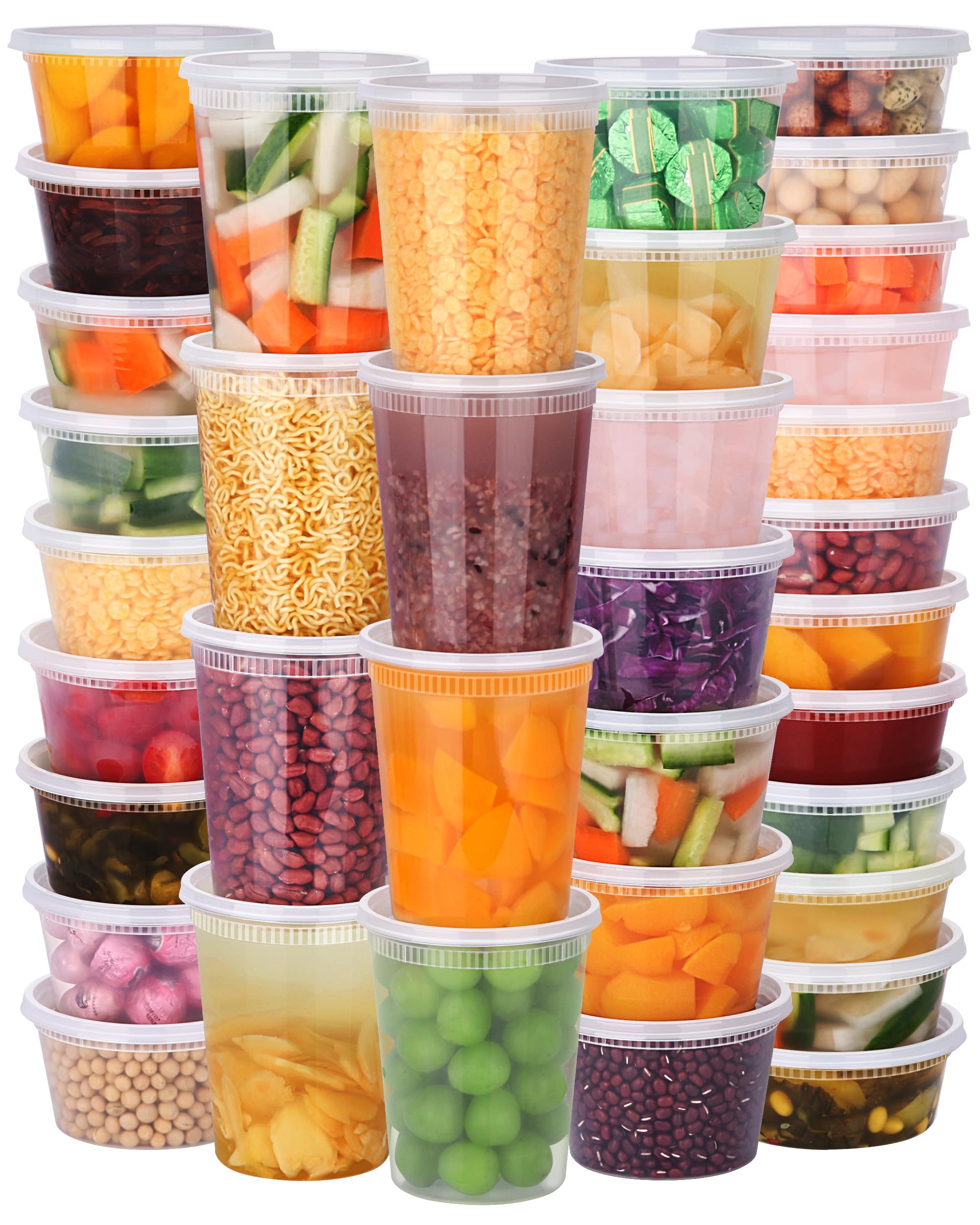NESCCI 96 Pack (192-Piece) Deli Containers with Lids, 32/16/12/8 oz X 24 Set Each, Leak-Proof & BPA Free Airtight Takeout Plastic Food Storage Containers for Soup, Meal Prep, Microwave/Freezer Safe