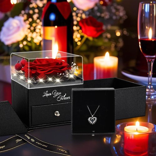 FIACO Gifts for Women Preserved Real Roses with I Love You Necklace Fresh Forever Flowers Birthday Gifts for Mom Grandma Wife Girlfriend on Anniversary Valentines Romantic Gift