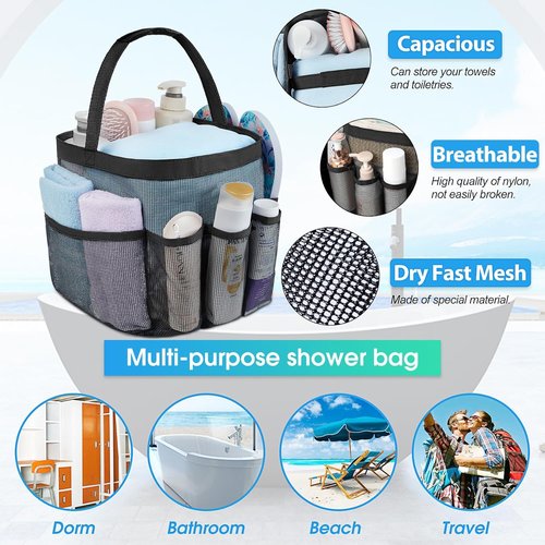 Attmu Mesh Shower Caddy - Portable College Dorm Essentials with 8 Pockets | Quick Dry Hanging Bag