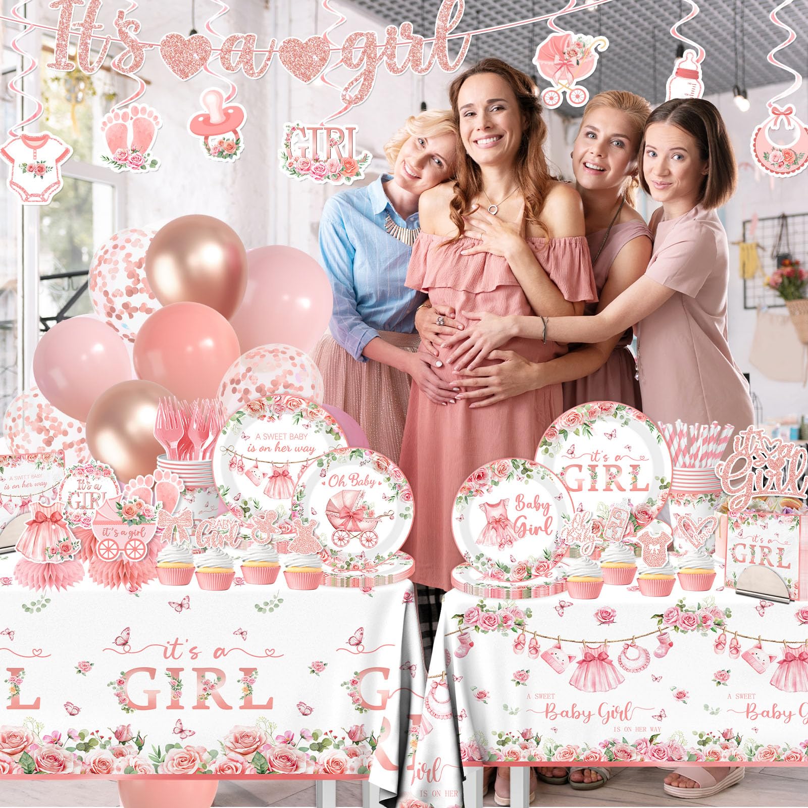 Its a Girl Baby Shower Decorations, Pink Floral Baby Shower Decorations for Girl Include Plates,Napkins,Banner,Balloons,Tablecloth,Cups,Hanging Swirl,Cake Topper,Honeycomb for Baby Girl Party Decor