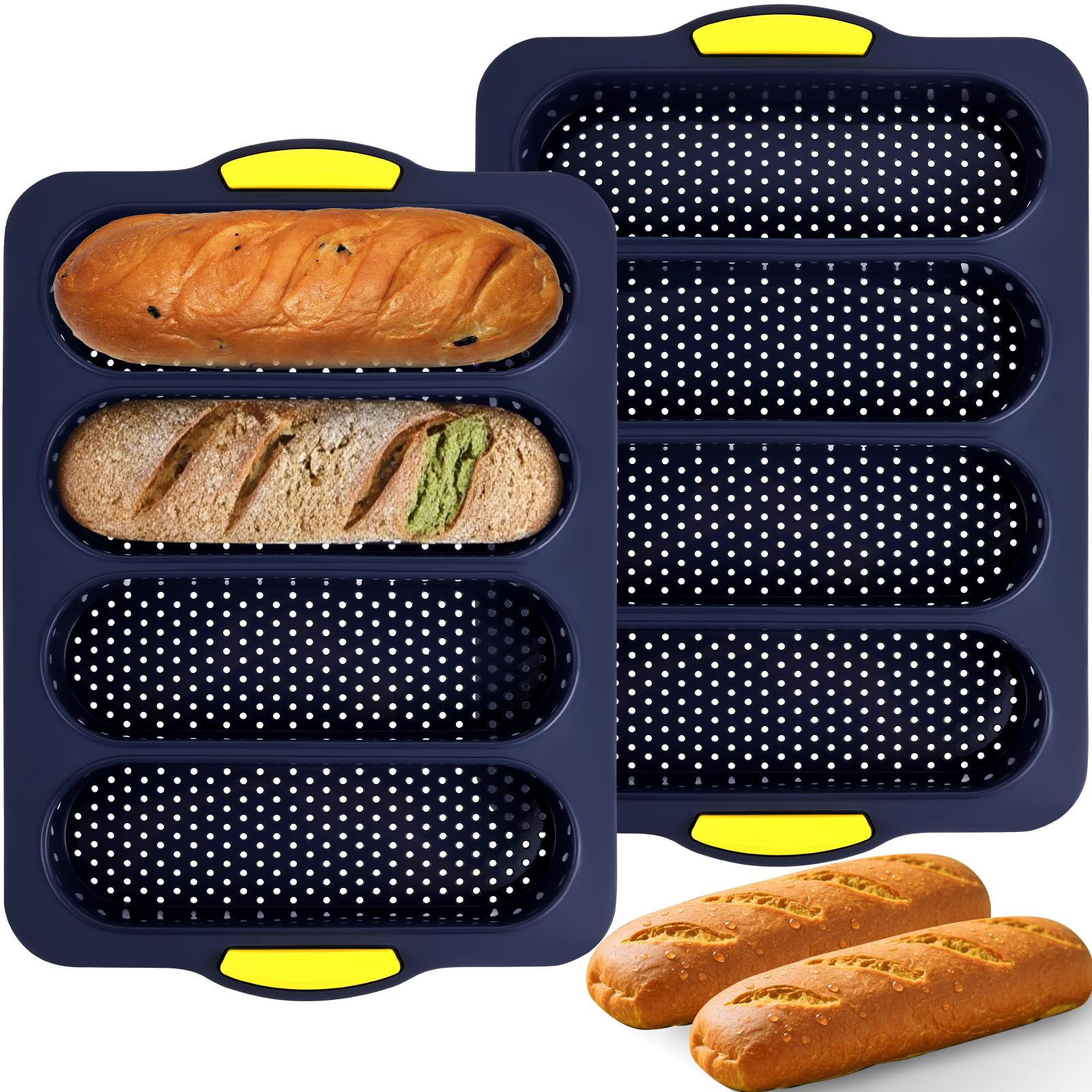 XenMee 2 Pcs Silicone Bread Loaf Pan, Non-Stick Baguette Bread Pan Food Grade, 4-Cavity Perforated French Baking Mold for Homemade Bread, French Baguette, Sandwich Rolls