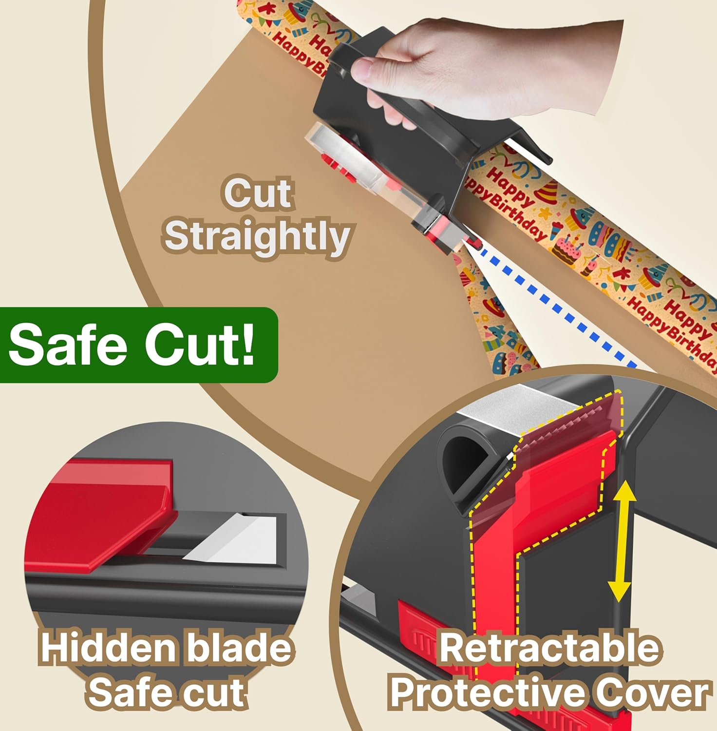 Wraprocut Wrapping Paper Cutter & Tape Dispenser - 2-Pack with 4 Tapes & 2 Replacement Blades for Easy Gift Wrapping