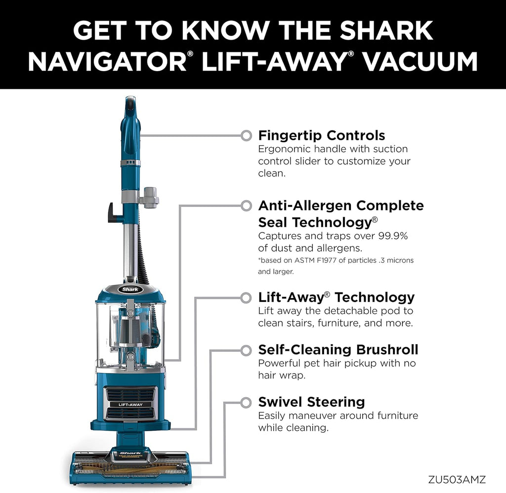 Shark Navigator Lift-Away Vacuum - Self-Cleaning Brushroll & HEPA Filter | Ideal for Pets, Teal, ZU503AMZ