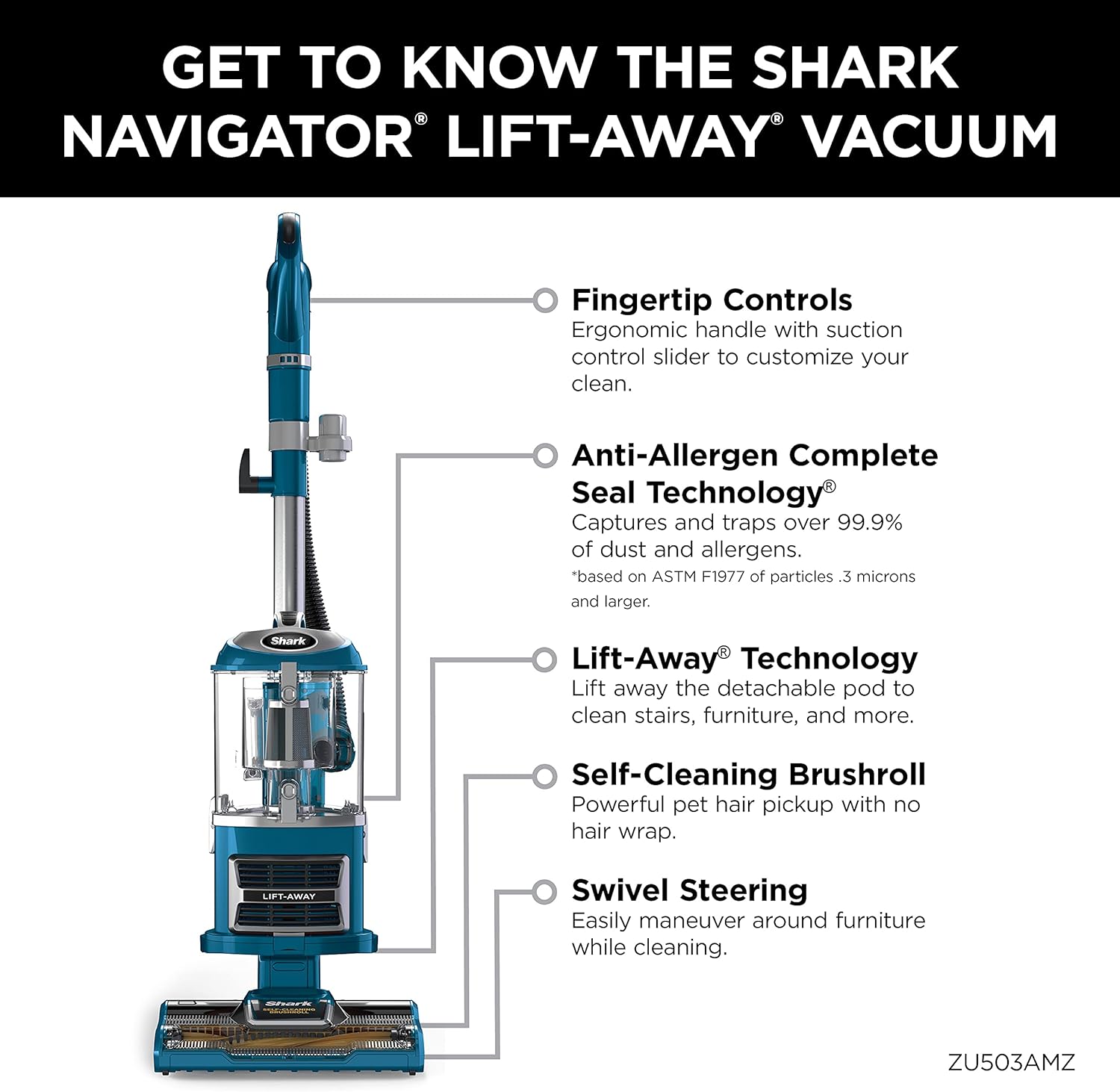 Shark Navigator Lift-Away Vacuum - Self-Cleaning Brushroll & HEPA Filter | Ideal for Pets, Teal, ZU503AMZ