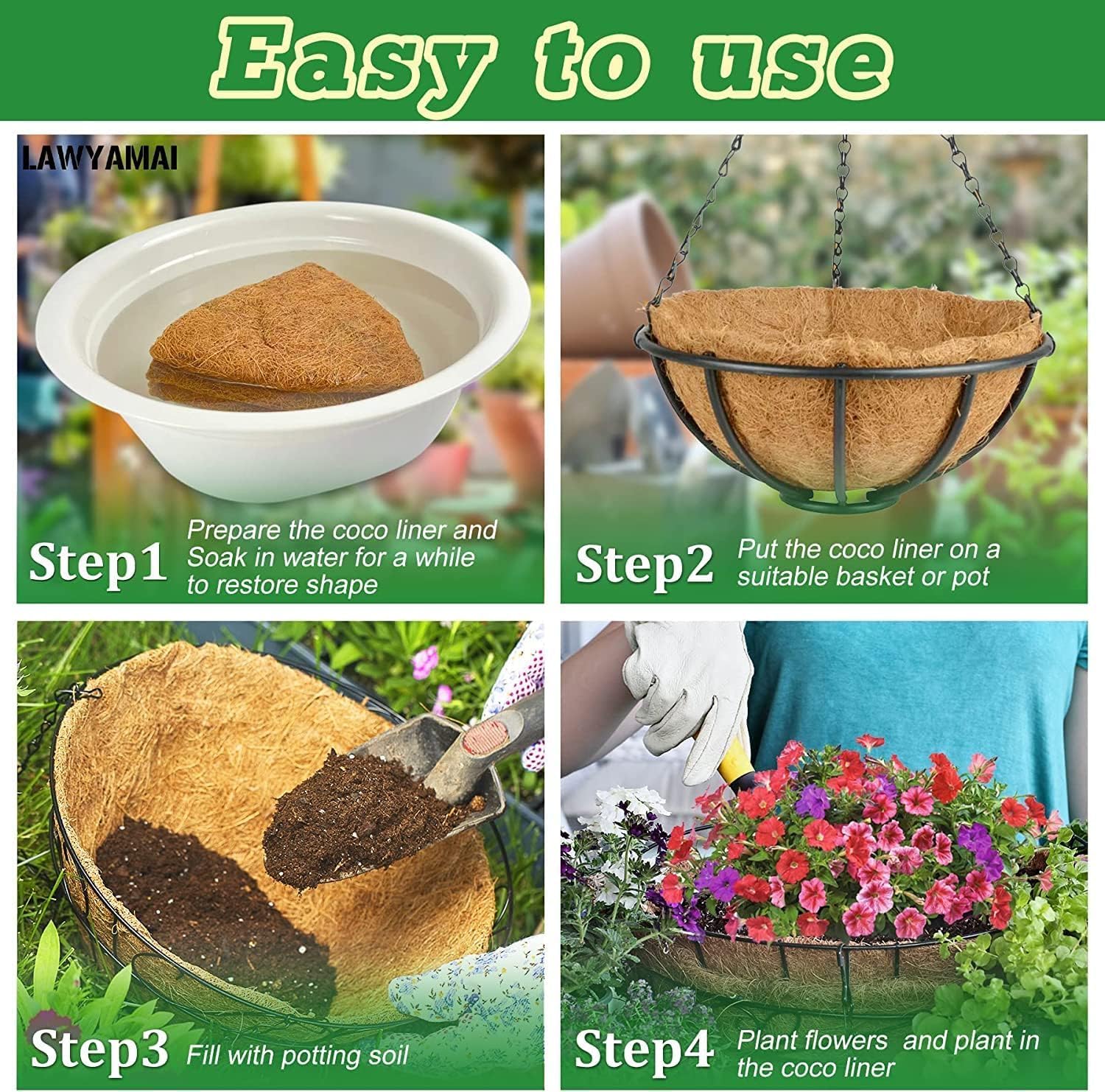Y&M 14" Round Coconut Fiber Liner - Pre-Formed Replacement for Hanging Baskets | 2 Pack