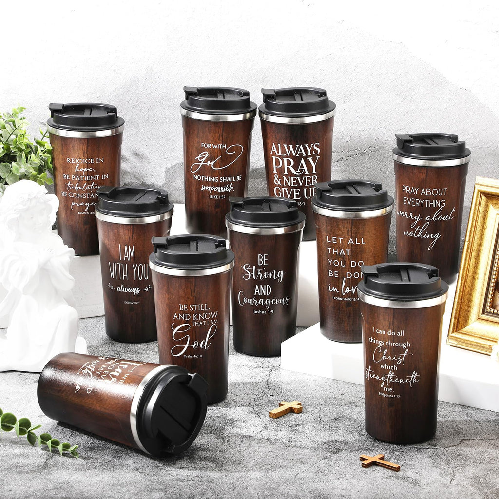 Meanplan 10 Set Christian Fathers Day Church Gifts Bible Verse Tumbler Bulk 17oz Coffee Cup Religious Jesus Tumbler Inspirational Mug for Men Women Teacher (Wood Grain, Bible Theme)