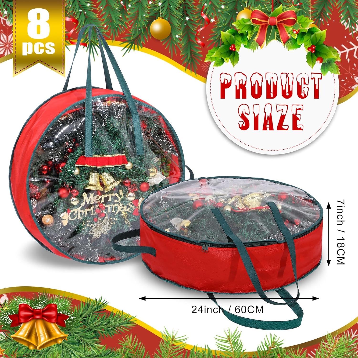 Shappy Wreath Storage Bag - 8 Pcs Red Clear Window Containers with Handle for Holiday Decor