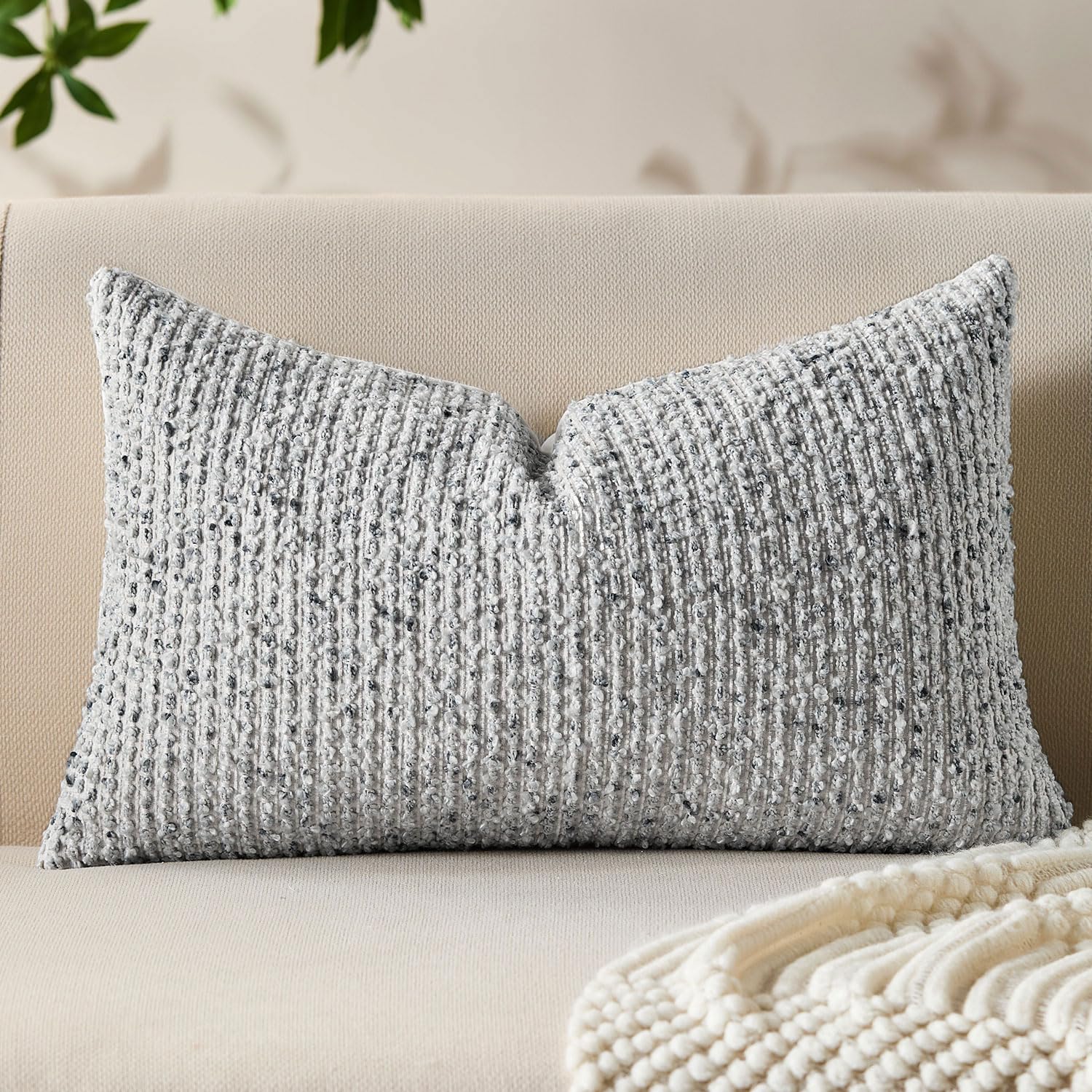Allorry Decorative Lumbar Pillow Cover 12x20 Blue Striped Soft Wool Lumbar Throw Pillow Neutral Textured Boho Cushion Covers for Modern Farmhouse Sofa Bedroom Living Room Decor SY011-C12