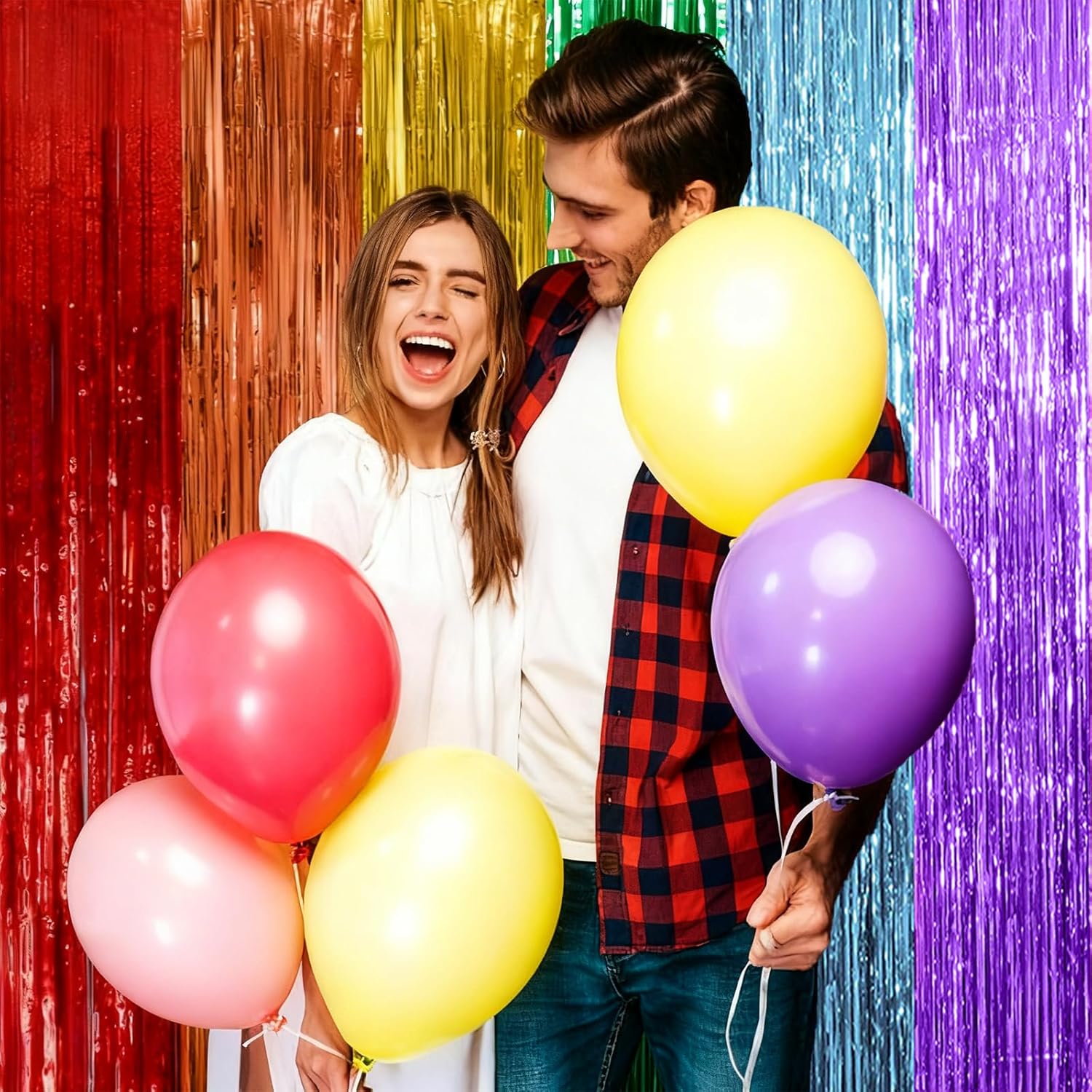Skiennix Rainbow Backdrop - Colorful Tinsel Curtain Party Decorations | 2 Pack for Birthdays & Events