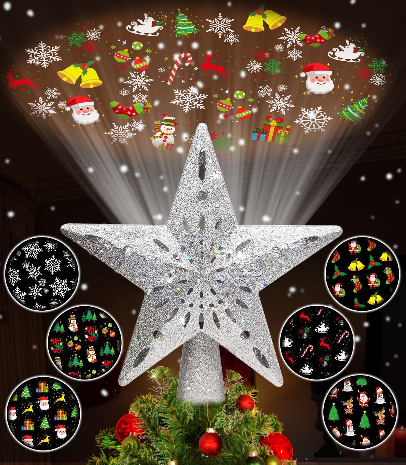 Tsorode Christmas Tree Topper Lighted,Star Tree Topper with Projector Built-in LED Rotating Lights with 6 Projection Modes,3D Glitter Dynamic Projection Christmas Decorations (Silver)