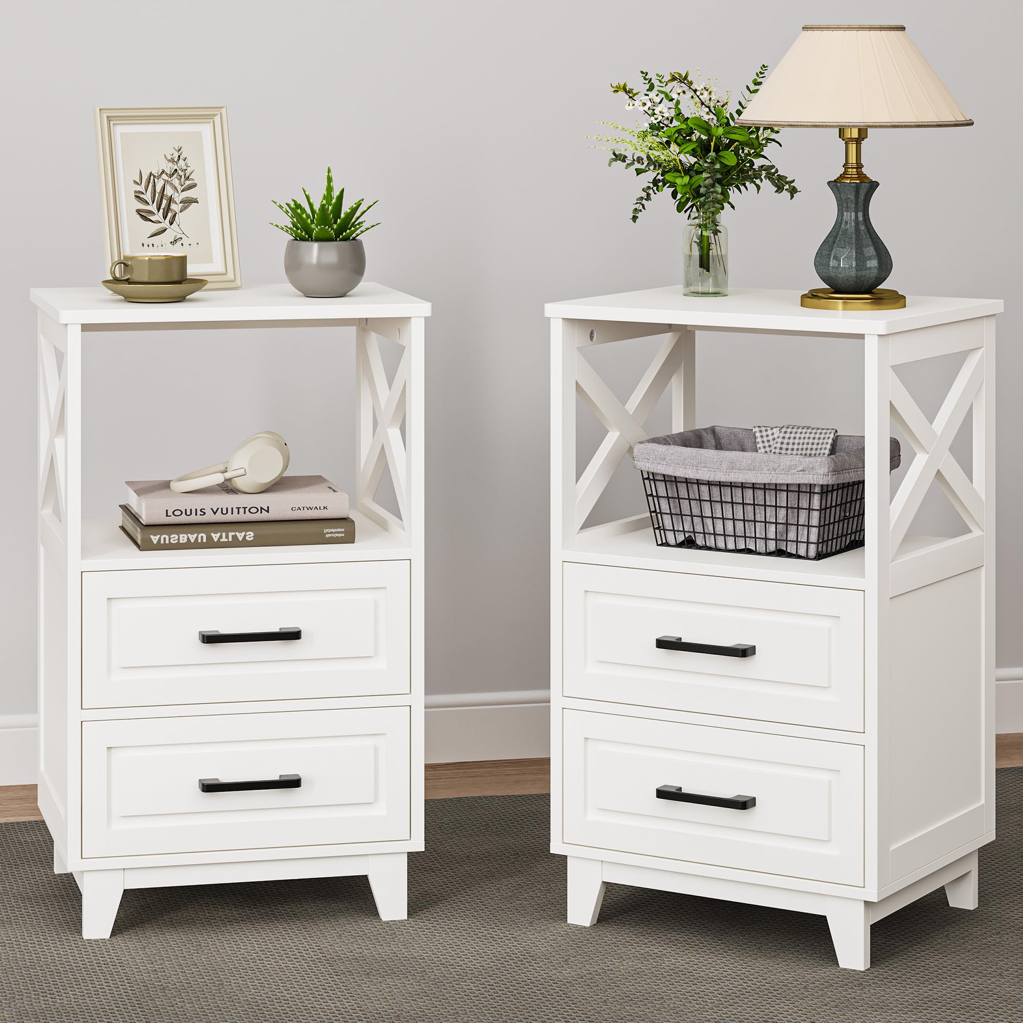 May in Color White Nightstand Set of 2, Tall Side Table, Farmhouse End Table with 2 Large Storage Drawers Cabinet, Wooden Rustic Bedside End Table for Bedroom, Home Office, White