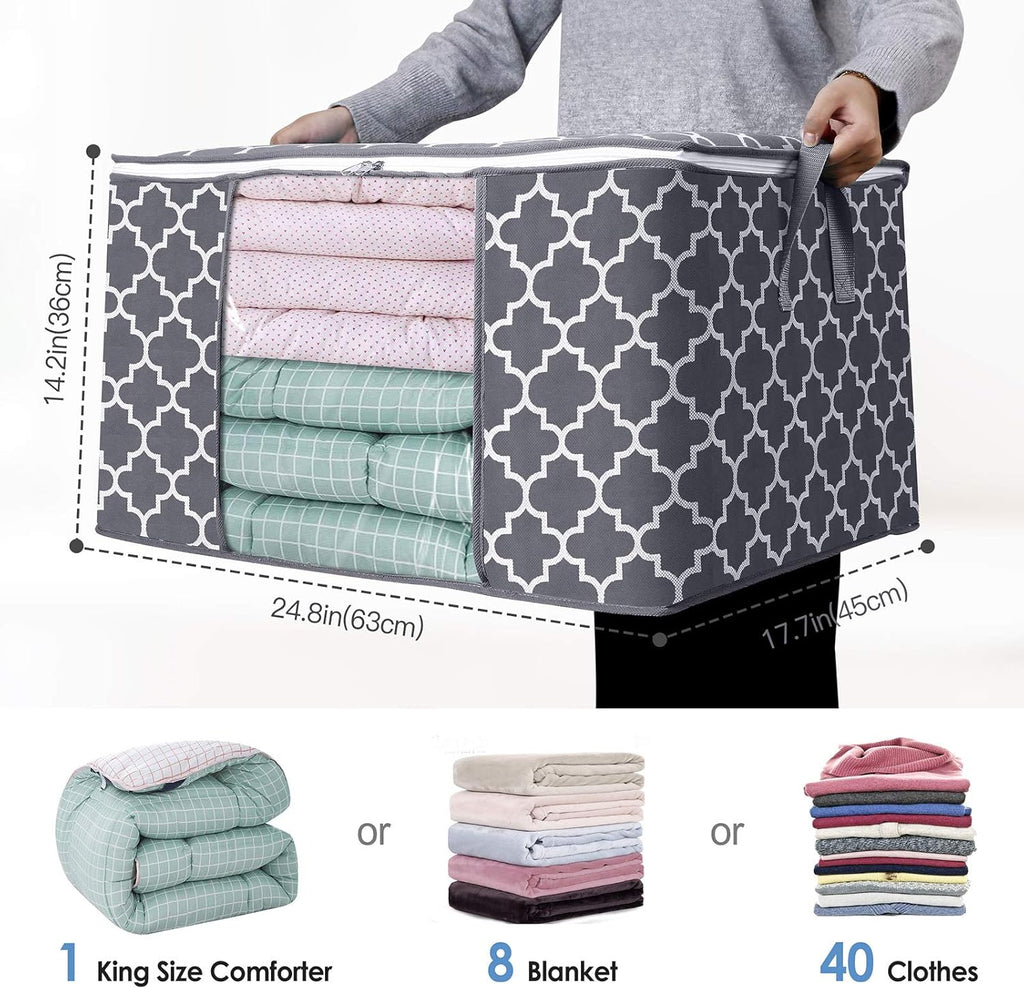 WISELIFE Storage Bags - Large Blanket and Clothes Organizers with Clear Window | Grey, 3 x 100L, Foldable Design
