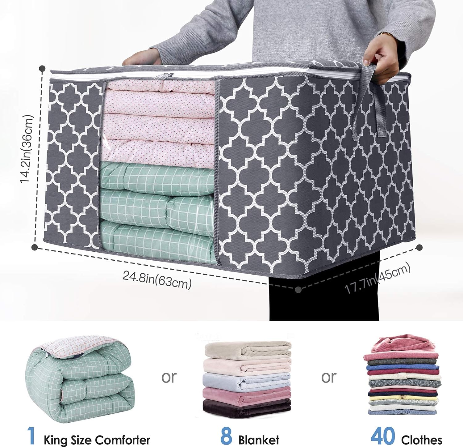 WISELIFE Storage Bags - Large Blanket and Clothes Organizers with Clear Window | Grey, 3 x 100L, Foldable Design