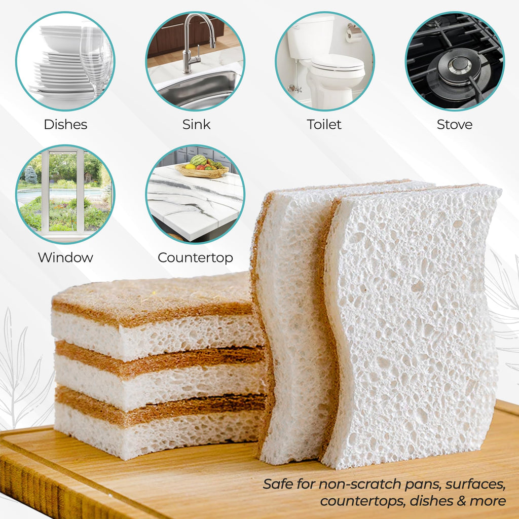Purely Calm Plant Based Natural Sponge - Pack of 12 Cellulose Sponges, Safe on Non-Stick Cookware, Dual Sided Dish Sponge for Washing Dishes, Kitchen and Household