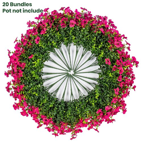 Lnoicy 20 Bundles Artificial Fake Flowers for Outdoor Faux Eucalyptus Flowers for Home Decoration,Fake Plants UV Resistant for Porch/Garden（Rose Red）