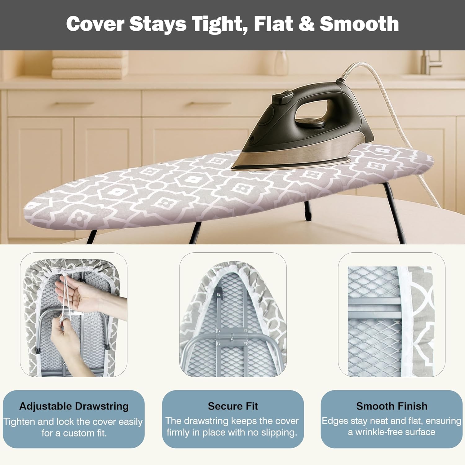 UniSimp Small Ironing Board Cover - Heat Resistant Cotton Canvas with Padding | 12"x32" Geometric Design
