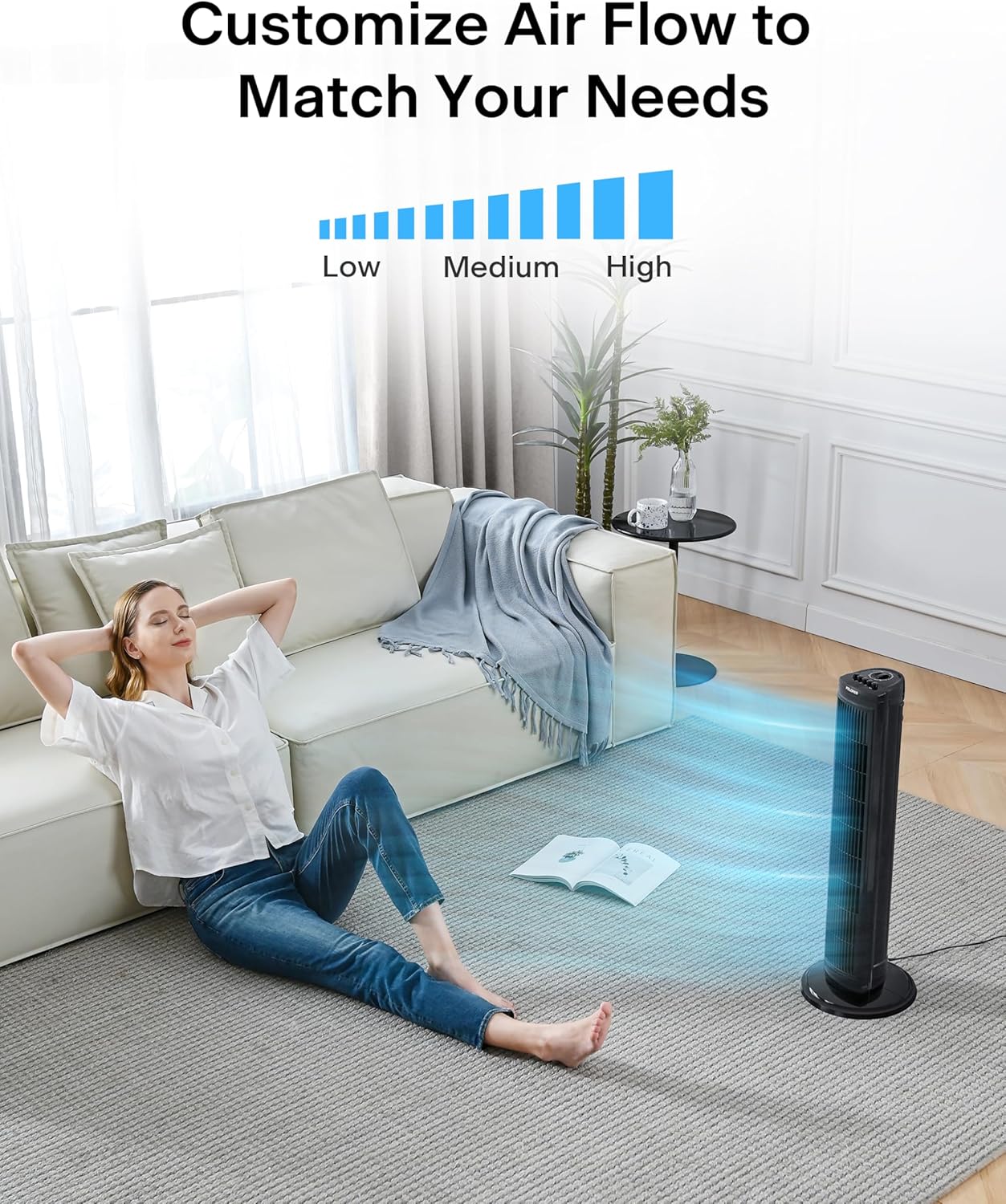 Pelonis 30-Inch Oscillating Tower Fan - 3 Speed Settings & Auto-Off Timer | Black, Medium Size