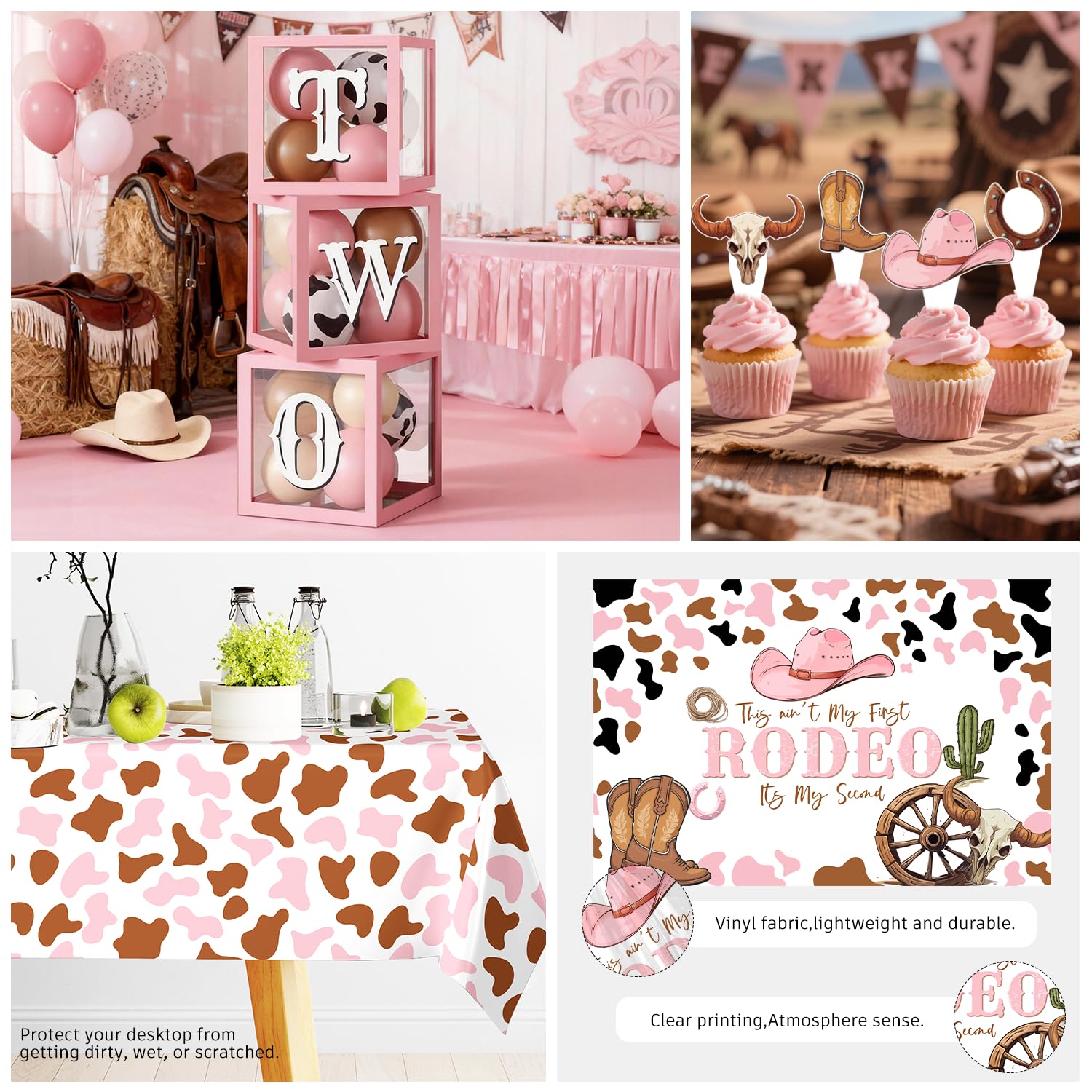 Fexivo 300pcs This Ain't My First Rodeo It's My Second Complete Party Set, for 25 Guests, Rodeo Western Cowgirl 2nd Birthday Decorations for Girl, Includes Plates Backdrop Balloon Arch Tablecloths