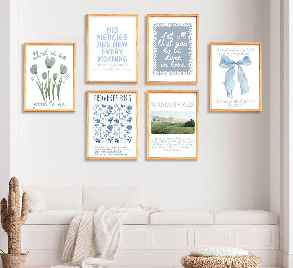 Skiennix Set of 6 Trendy Blue Christian Canvas Wall Art - Inspirational Bible Verses for Girls' Room
