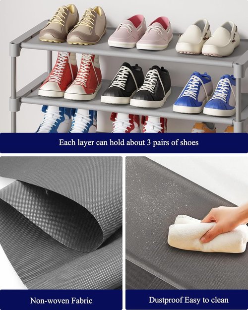 Kitsure Shoe Rack - Stackable Non-Woven Shoe Organizer for Closet & Entryway | 3-Tier, 27.5" Wide, Grey