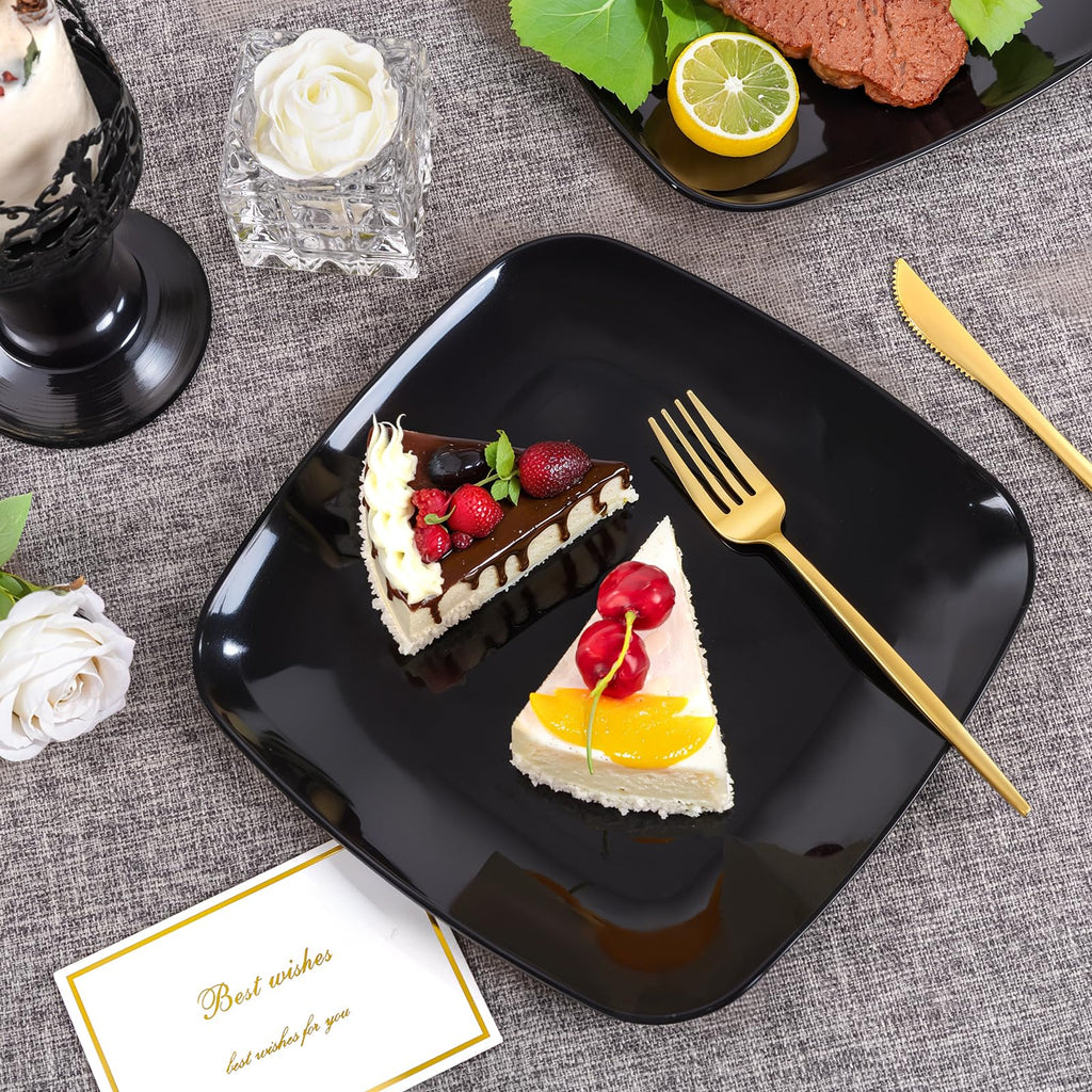 PULOTE 100 PCS Black Square Plastic Plates Disposable - Include 50 Each (10" Dinner & 7.25" Dessert) Plates - Ideal for Party & Graduation