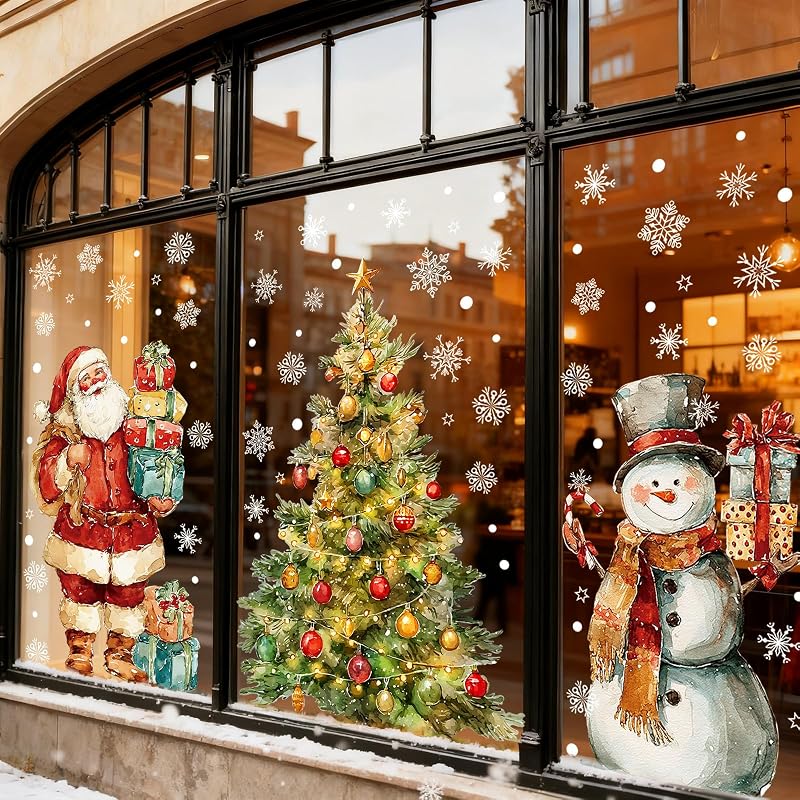 Santa & Snowman Watercolor Window Clings – 3 Sheets Large 15.7 x 31.5 in, Reusable Xmas Window Decals (Variation: Santa and Snowman)