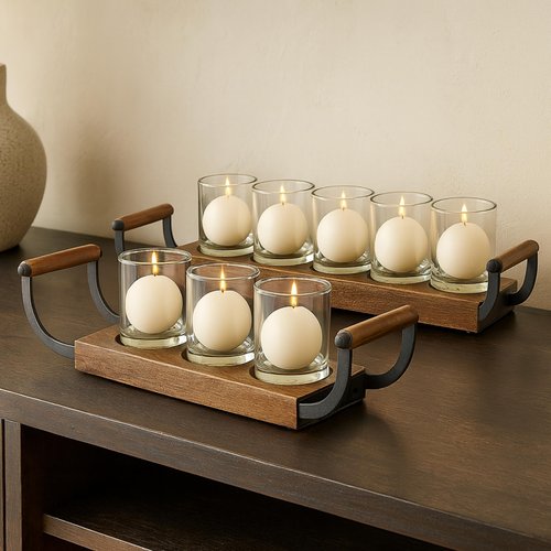 Deco 79 Wood Tealight 8 Glass Sleeve Candle Holder, Set of 2 24", 18"W, Brown