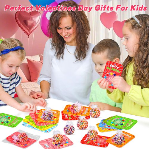 24 Pack Valentines Day Gifts for Kids Classroom Fidget Stress Balls with Valentines Cards for Kids School, Stress Relief Toys Squeeze Balls for Boys Girls Classroom Exchange Gifts Class Party Favors
