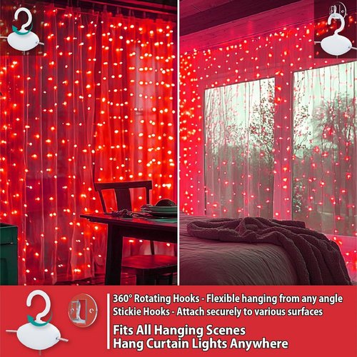 HXWEIYE 300LED Fairy Curtain Lights - 9.8x9.8Ft USB Plug-In with 8 Modes & Remote | Red Indoor Decor