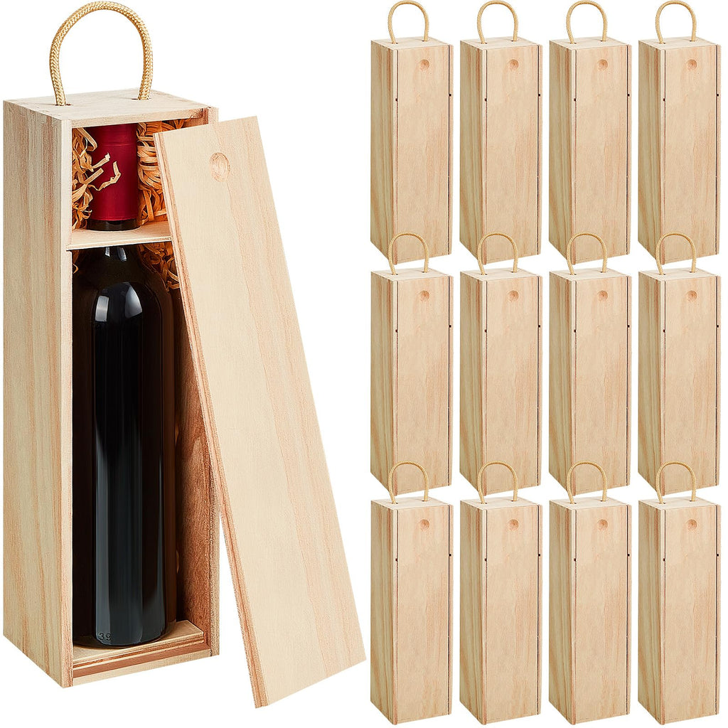 Suzile 12 Pcs Wooden Wine Bottle Gift Box Set, Single Bottle Holder with Twine Handle & Raffia DIY Gift Wooden Box for Wedding Easter Groomsmen, Fits Standard 750ml Wine, 13.8x3.9x3.9in (Light Brown)