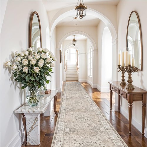 Hallway Washable Runner Rug - Vintage Non-Slip Soft Floor Mat | 3x20 Beige for Entryway & Living Room