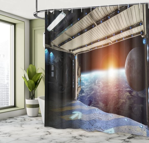 Ambesonne Outer Space Shower Curtain, Earth Scene from a Space Plane Runway Globe Galaxy up to Stars Sci-Fi Picture, Cloth Fabric Bathroom Decor Set with Hooks, 69" W x 84" L, Marigold Blue