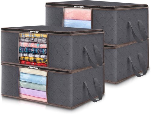 Lifewit 4-Pack Clothes Storage Bags - Foldable Closet Organizers with Clear Windows | Gray Fabric