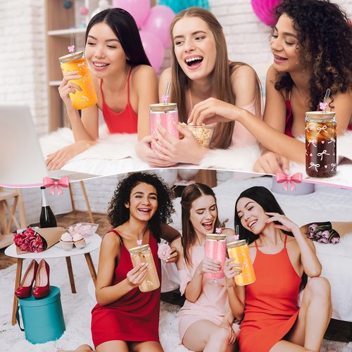 Yetene 4 Set 16 oz Coquette Bows Glass Cups with Lids and Bows Straws Cleaning Brushes Aesthetic Iced Coffee Cup Reusable Mug for Women Sister Birthday Gift Not Dishwasher Safe(Pink,Bow)