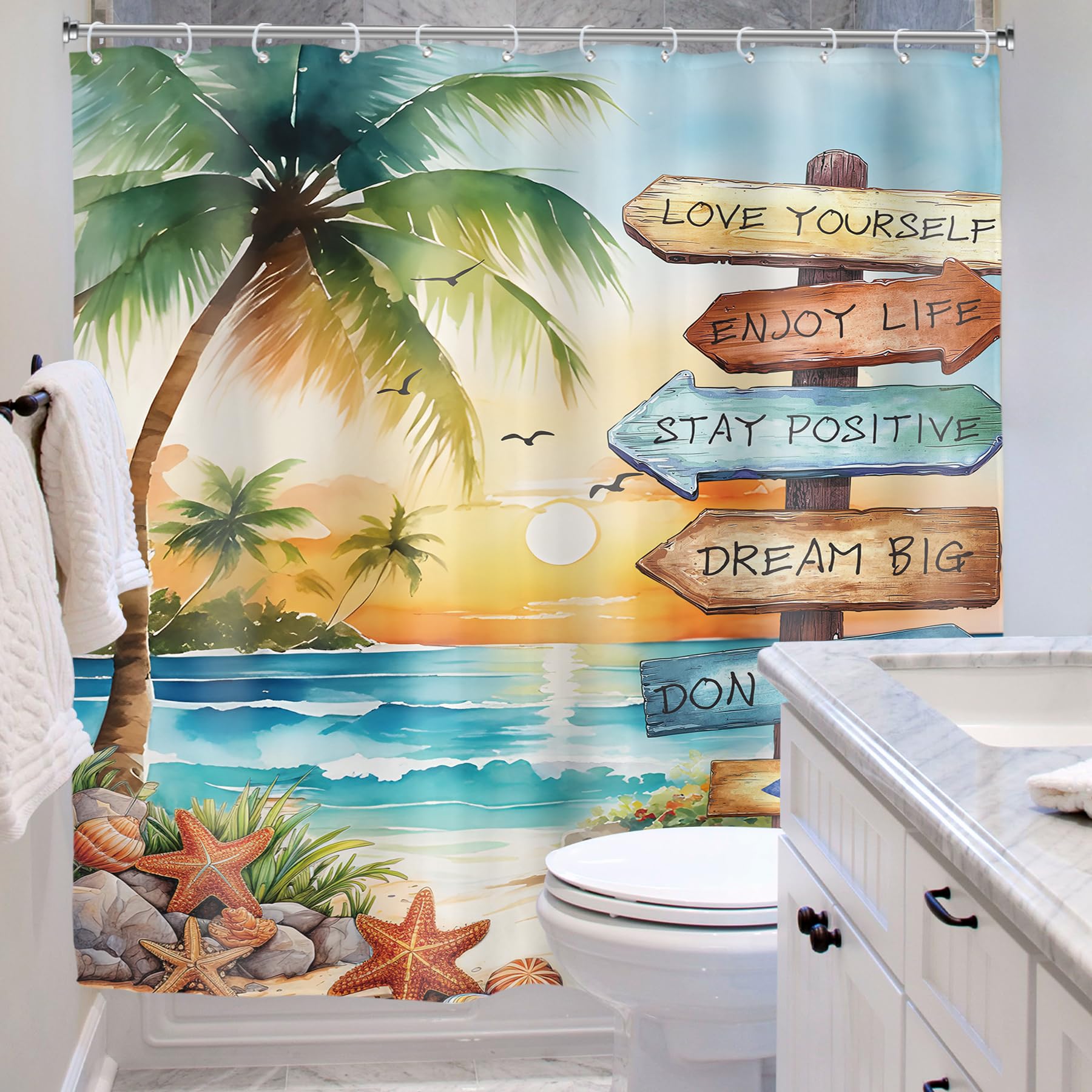 Riyidecor Tropical Beach Palm Tree Shower Curtain for Bathroom Decor 72Wx72H Ocean Quotes Coastal Sunset Watercolor Scenery Inspirational Art Printed Fabric Polyester Waterproof 12 Pack Plastic Hooks