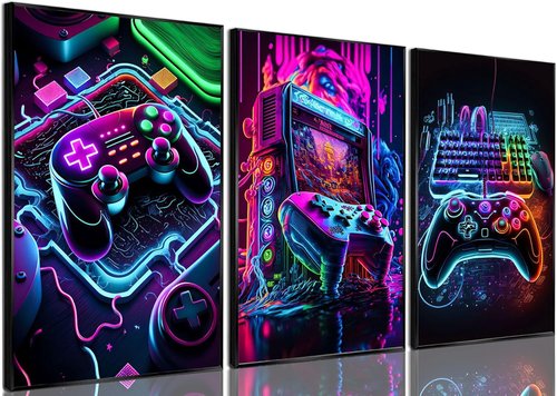 BGFCE Game Room Decor - Set of 3 Neon Gaming Canvas Wall Art for Boys' Bedrooms | 12x16 Inch Unframed