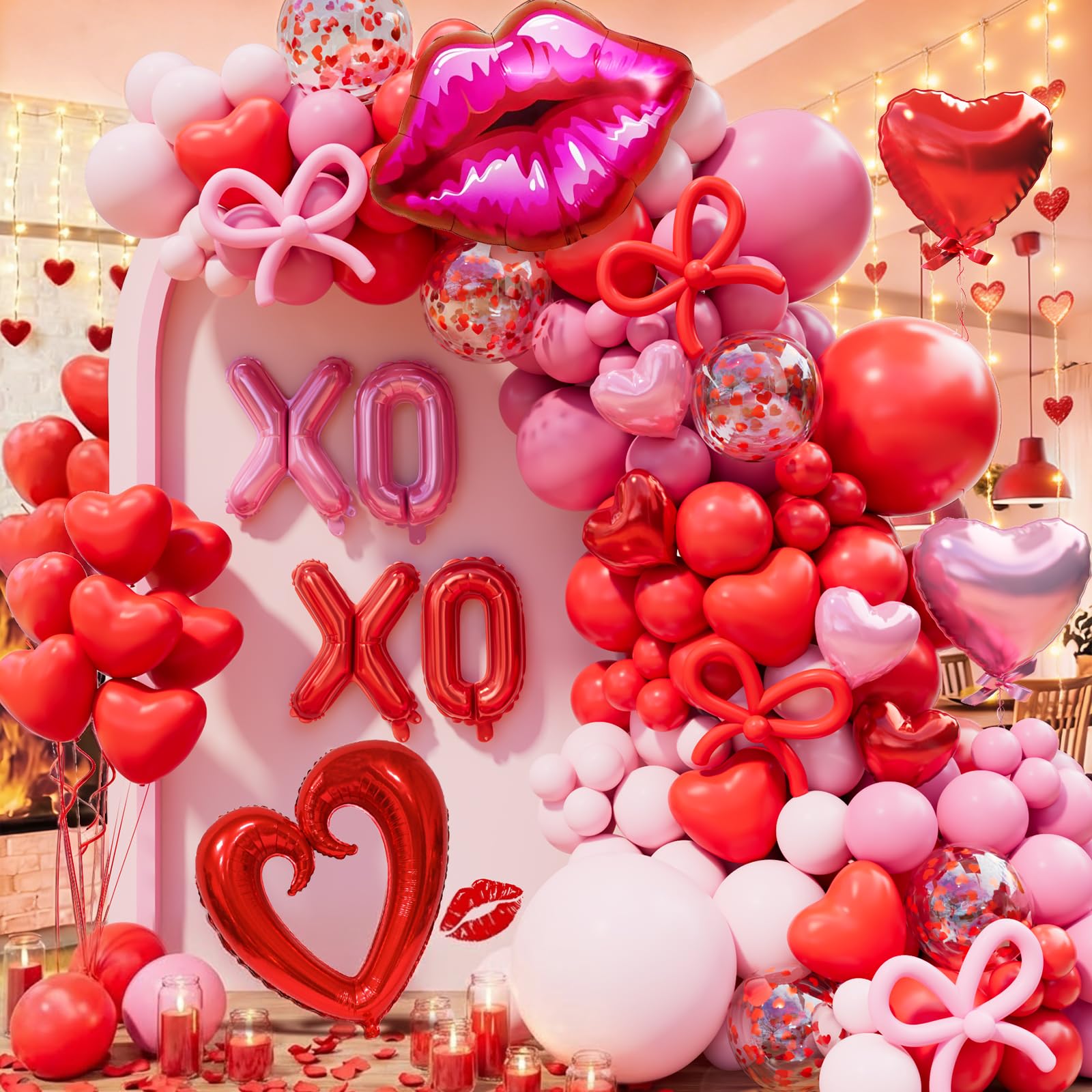 Pink and Red Balloon Garland Arch Kit, Coquette Birthday Decorations with 570pcs Red Pink Heart Confetti Balloons, Heart Lip XOXO Star Foil Balloons, Rose Petals for Wedding Romantic Decorations