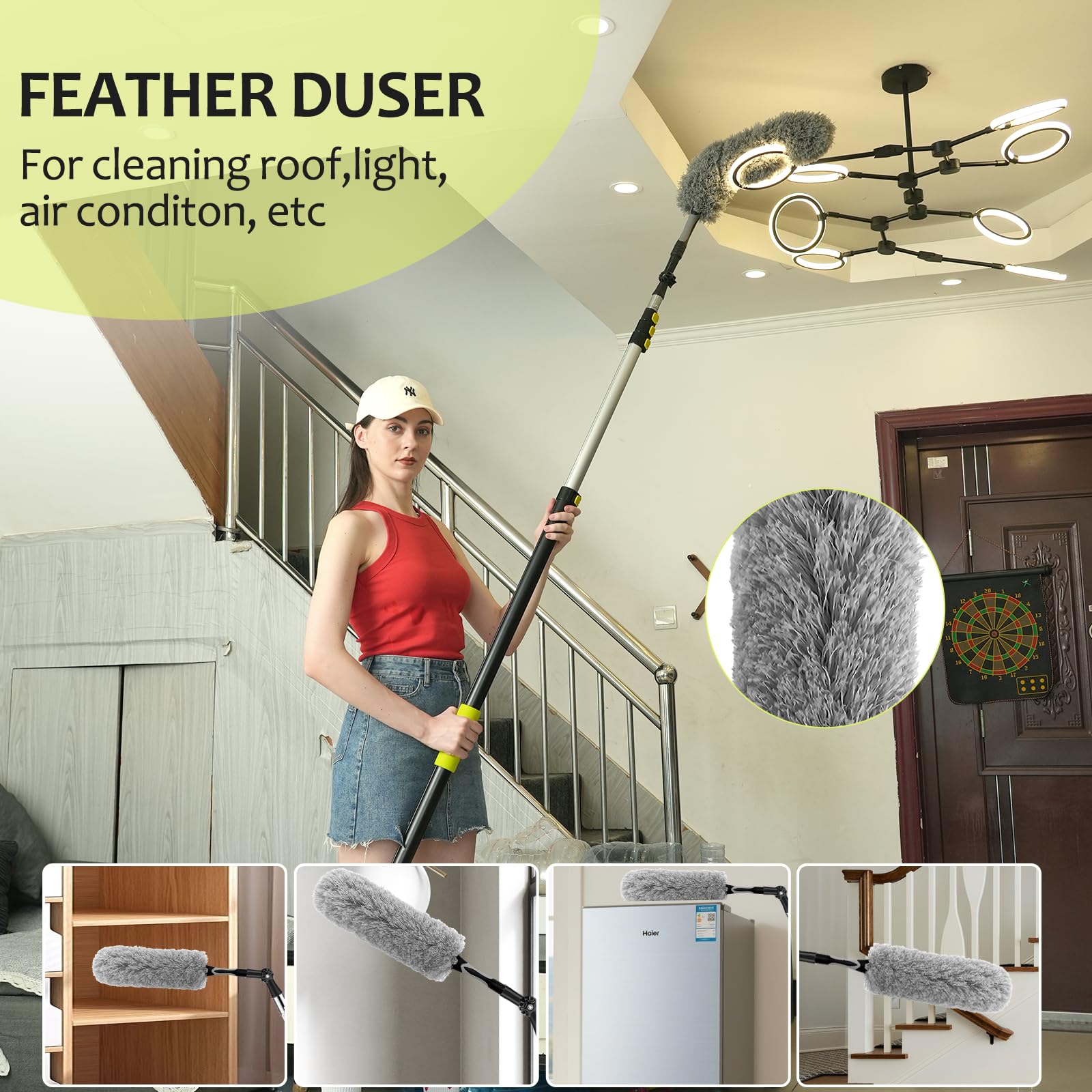 【Upgrade Anti Rotation 】 20FT High Reach Duster Kit,Lightweight Aluminum Alloy Extension Rod,5-Piece Set,210° Steering Head Clean Various Angle,for Cleaning Ceiling,High Wall