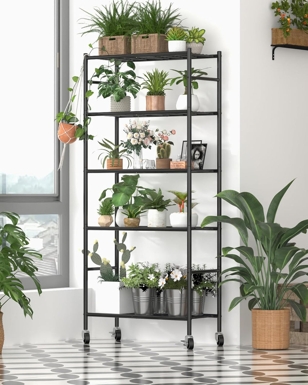 Sakugi 5-Tier Metal Storage Shelves Organizer - Heavy-Duty Rolling Shelf for Kitchen, Pantry & Closet | 33.1"x12.6"x73.5", Black