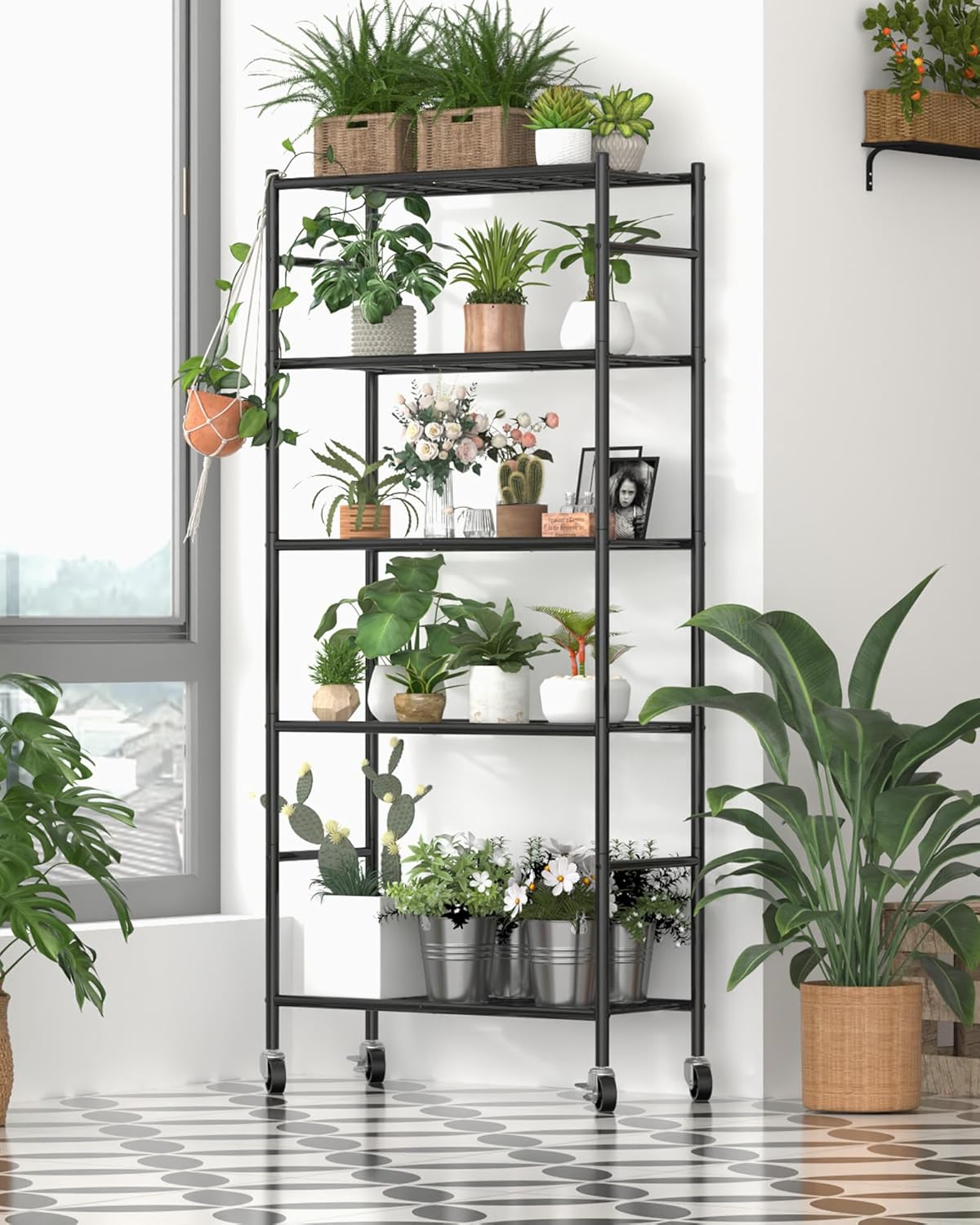 Sakugi 5-Tier Metal Storage Shelves Organizer - Heavy-Duty Rolling Shelf for Kitchen, Pantry & Closet | 33.1"x12.6"x73.5", Black