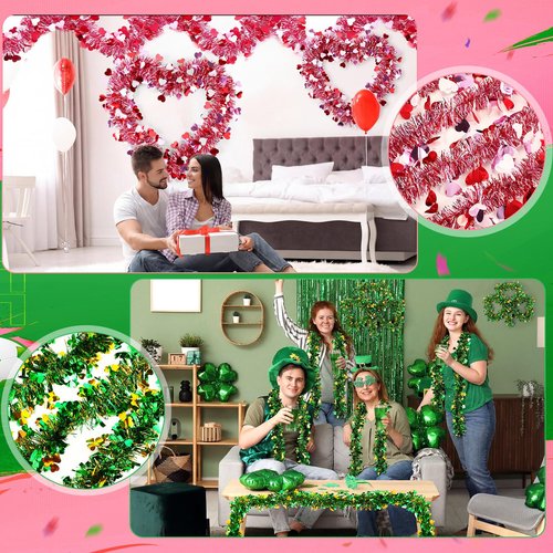 Craftsatin 52ft St Patricks Day Decorations Irish Tinsel Garland Red Pink Heart Gold Green Shamrock Tinsel Garland for Home Indoor Outdoor Wedding Hanging Valentines Irish Holiday Party Decor
