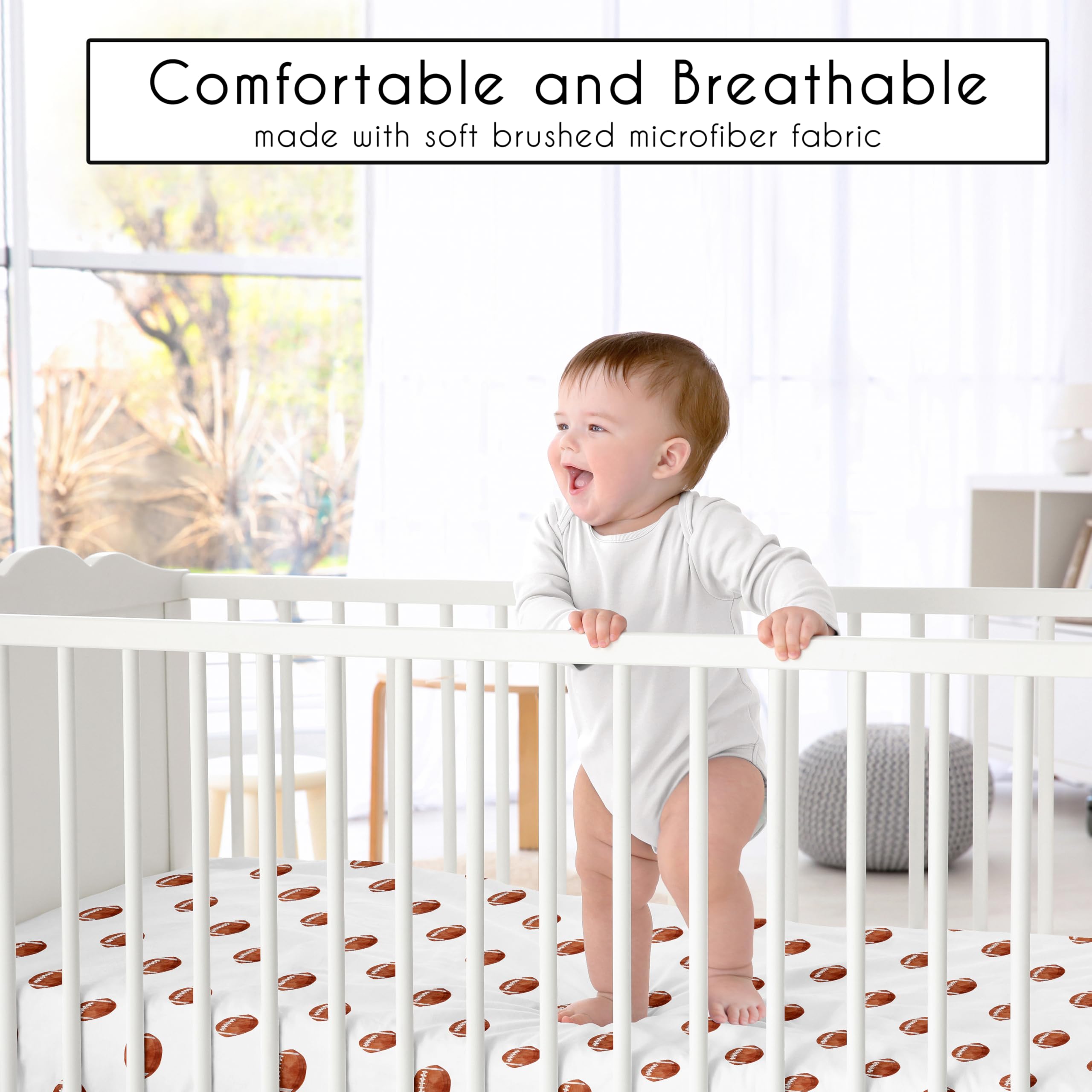 Sweet Jojo Designs Fitted Baby Crib Sheets (Football) for Boys, Infant Nursery, Toddler Room - Standard Size (Brown & White Sports Balls for The Classic, Watercolor, Vintage Sport Theme Collection)