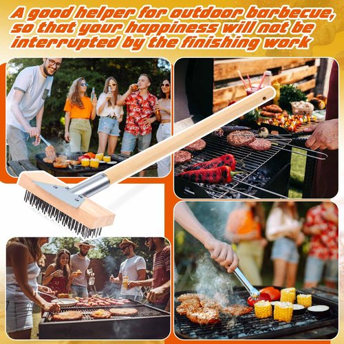 Kritkin 1 Pcs Stainless Steel Grill Brushes, Commercial Grill Scraper with 30'' Long Wooden Handle Oven Charbroiler Cleaning Brush for Outdoor Kitchens BBQ Restaurants