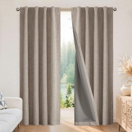 Joydeco Blackout Curtains - 100% Light Blocking Nature Linen, 84-Inch Long, 2 Panels Set for Bedroom & Living Room