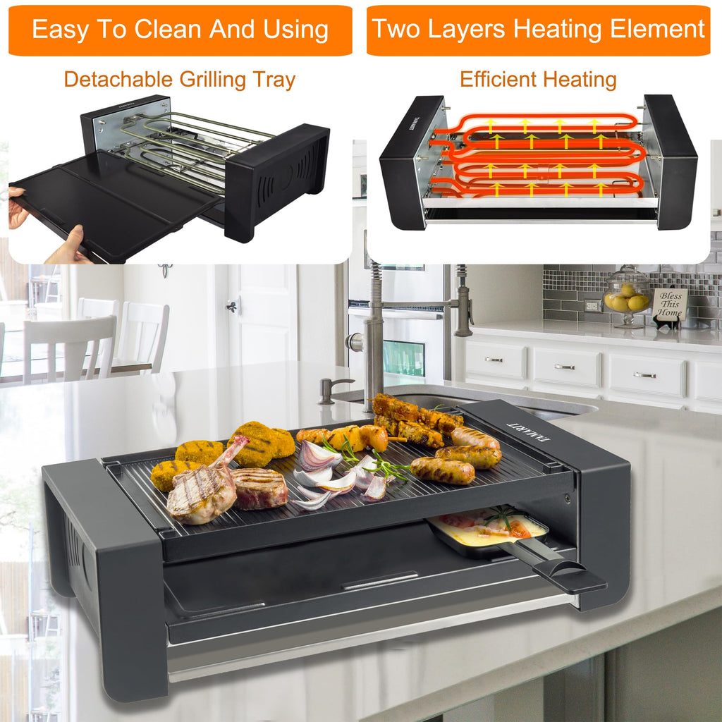 TAMARIT Raclette Party Grill Portable Indoor Electric Korean BBQ Grill 2 in 1 Raclette Table Griddle with Nonstick Coating Plate 4 Pizza Pans 8 Cheese Trays Upper and Lower Heater, PFAS-No